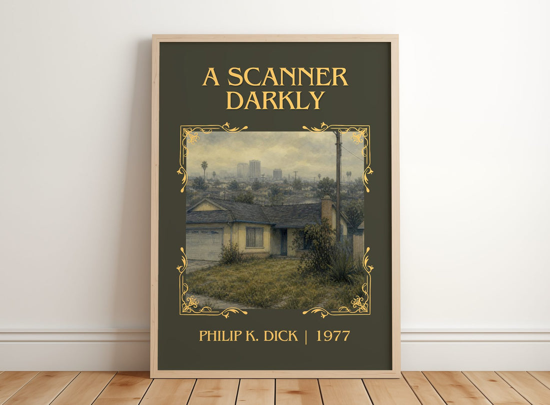 A Scanner Darkly Classic Book Art Print by Philip K. Dick – framed print leaning on a wooden floor