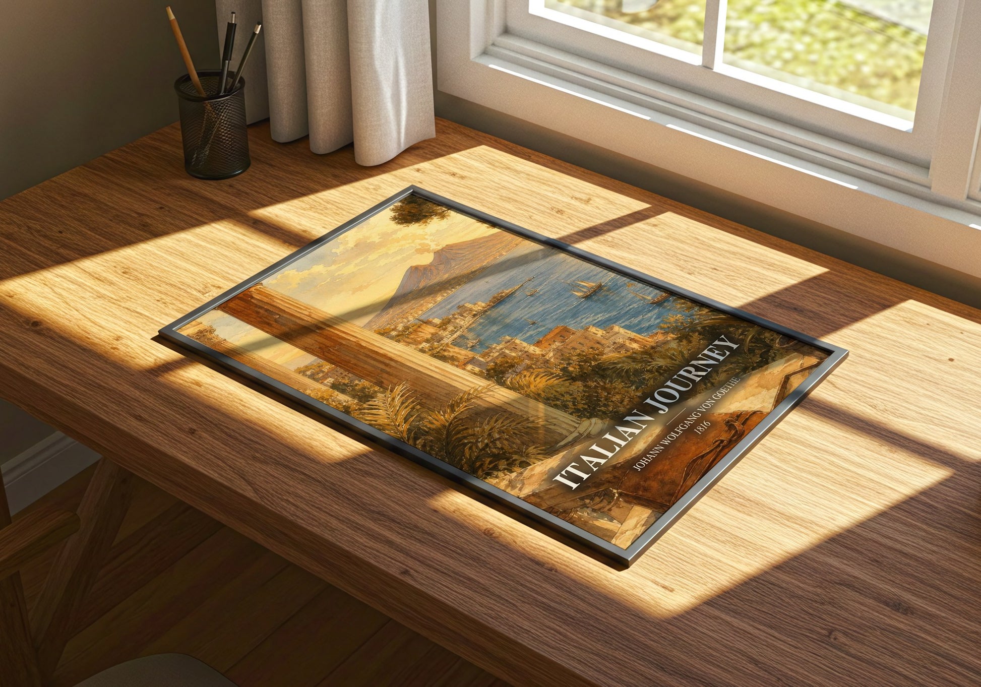 Italian Journey watercolour book poster framed on wall – non fiction wall art
