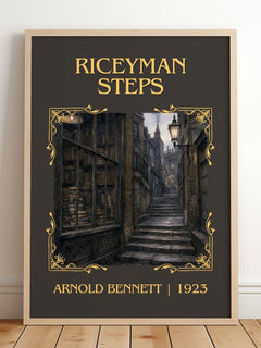 Riceyman Steps Classic Book Art Print by Arnold Bennett – framed print leaning on a wooden floor
