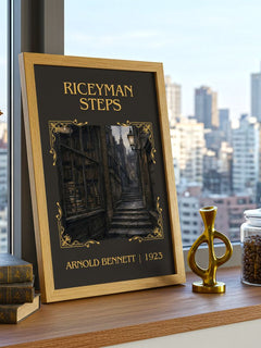 Riceyman Steps Classic Book Art Print by Arnold Bennett – framed print on a city-view windowsill