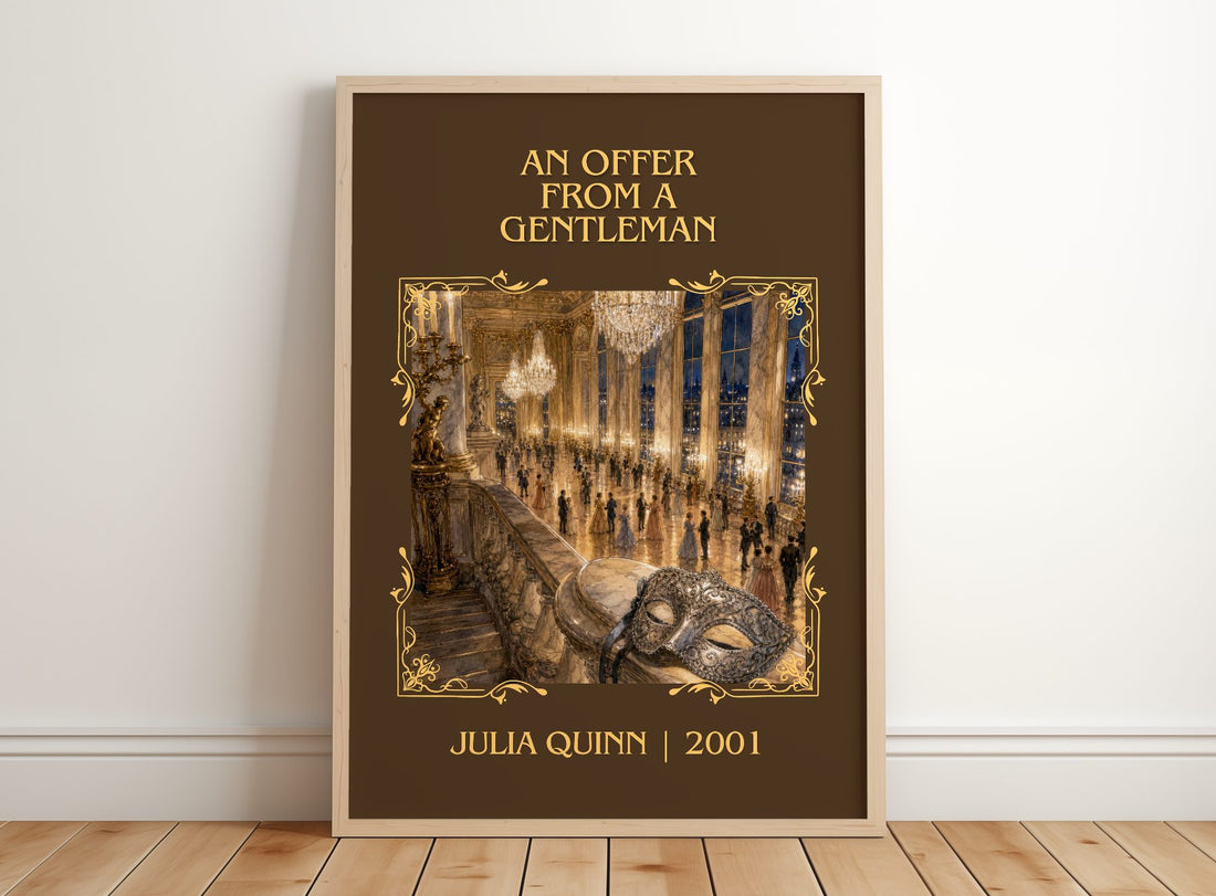 An Offer From a Gentleman Classic Book Art Print by Julia Quinn – framed print leaning on a wooden floor
