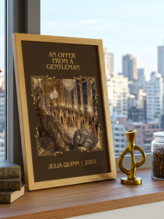 An Offer From a Gentleman Classic Book Art Print by Julia Quinn – framed print on a city-view windowsill