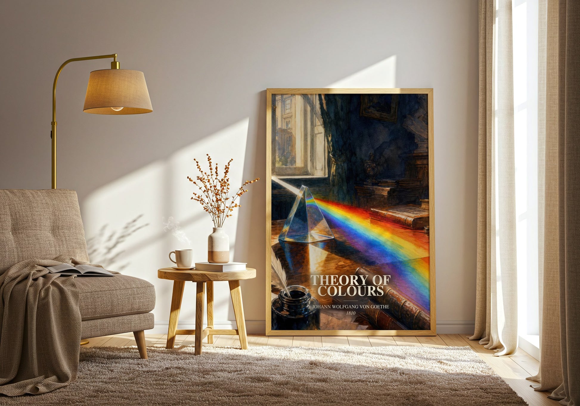 Theory Of Colours watercolour print in frame leaning in hallway – philosophy wall art