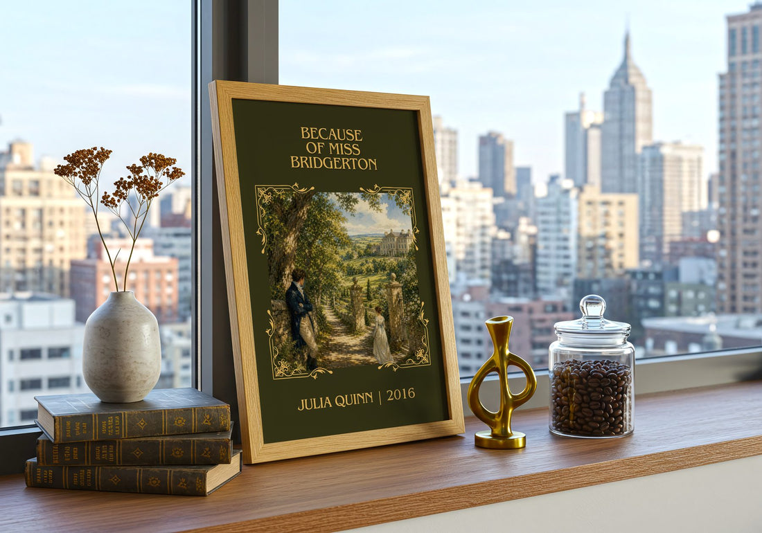 Because of Miss Bridgerton Classic Book Art Print by Julia Quinn – framed print on a city-view windowsill