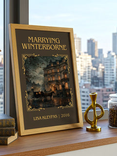 Marrying Winterborne Classic Book Art Print by Lisa Kleypas – framed print on a city-view windowsill
