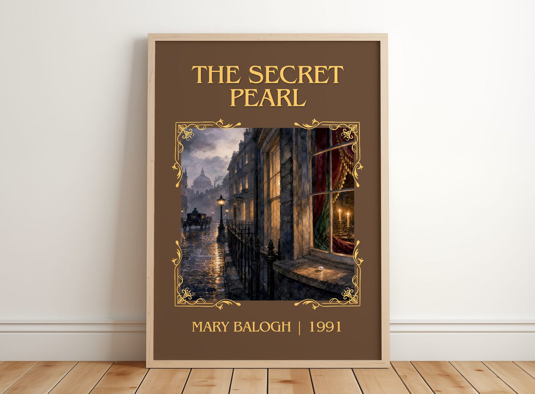 The Secret Pearl Classic Book Art Print by Mary Balogh – framed print leaning on a wooden floor
