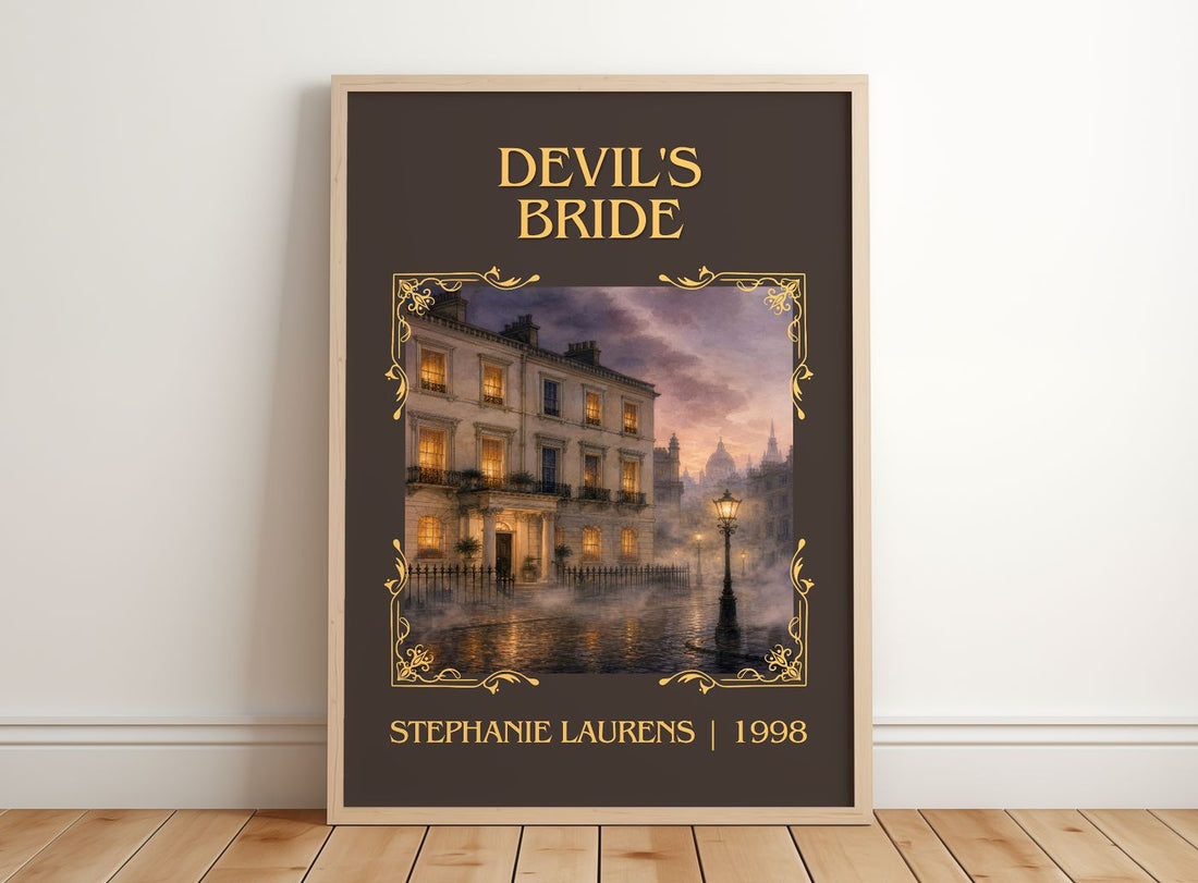 Devil's Bride Classic Book Art Print by Stephanie Laurens – framed print leaning on a wooden floor
