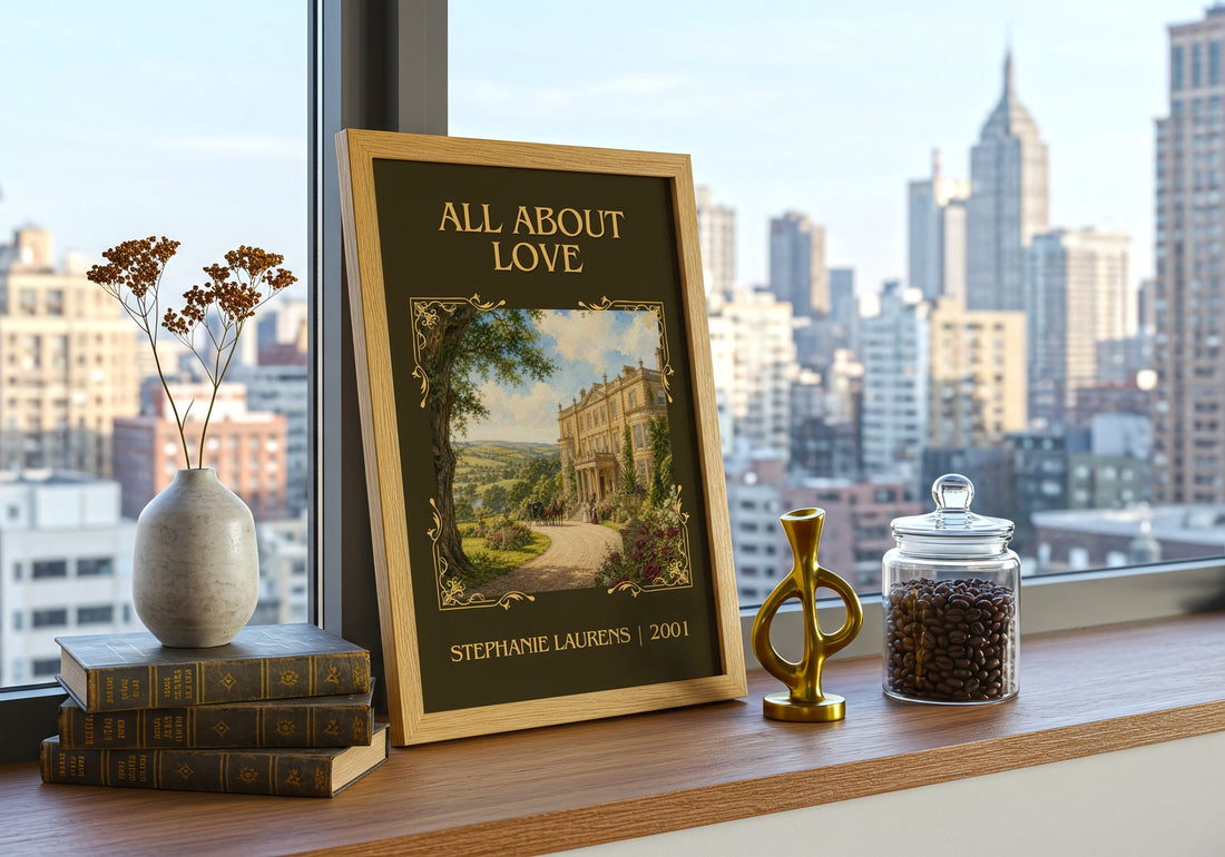 All About Love Classic Book Art Print by Stephanie Laurens – framed print on a city-view windowsill