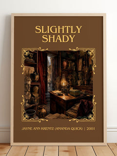 Slightly Shady Classic Book Art Print by J. Quick) – framed print leaning on a wooden floor