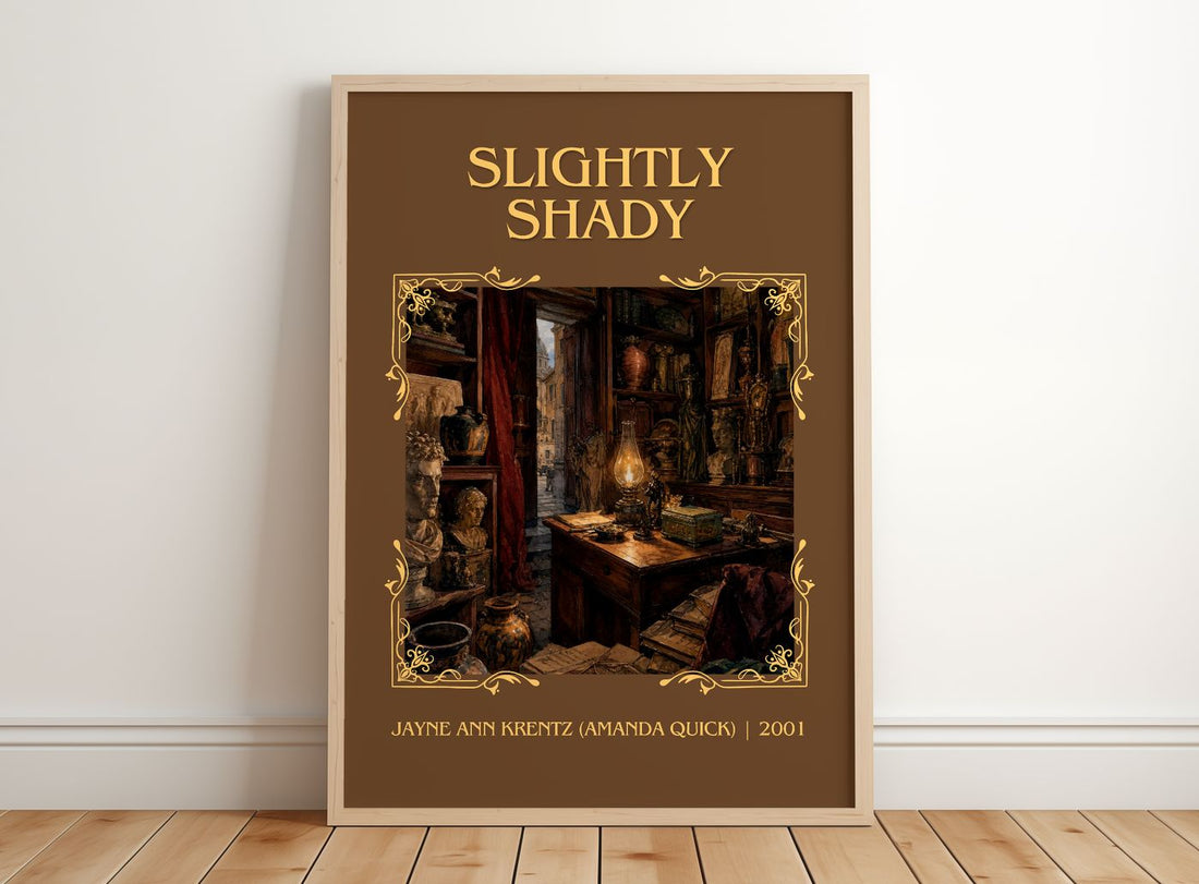 Slightly Shady Classic Book Art Print by J. Quick) – framed print leaning on a wooden floor