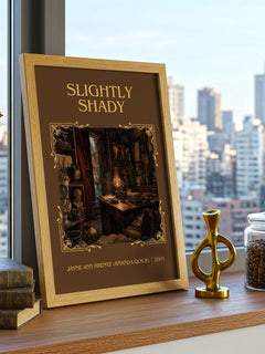 Slightly Shady Classic Book Art Print by J. Quick) – framed print on a city-view windowsill