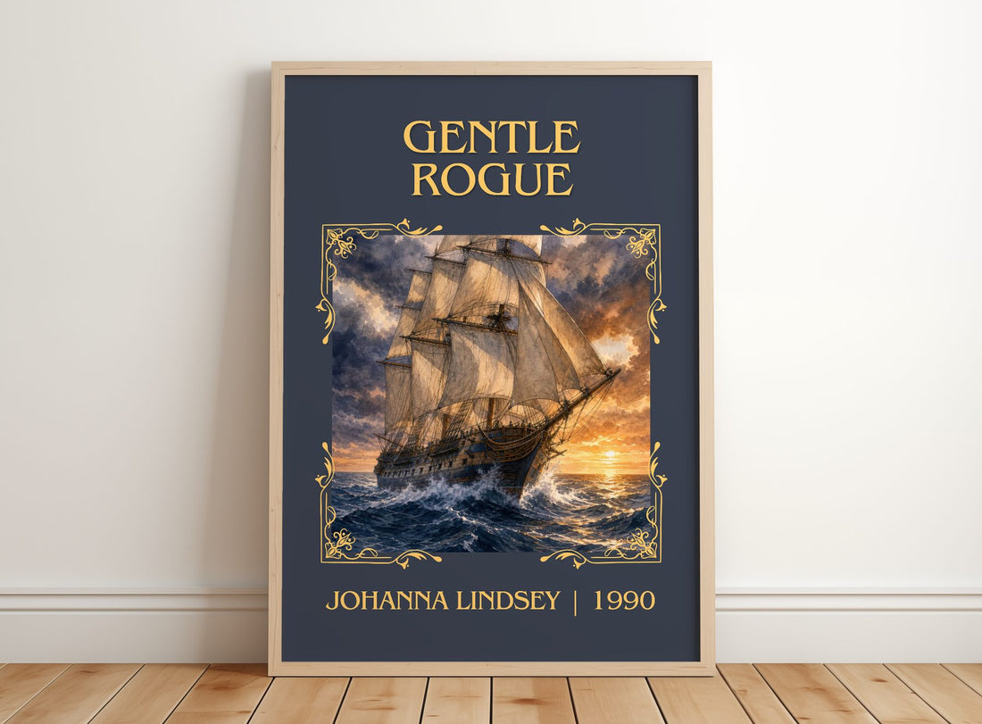 Gentle Rogue Classic Book Art Print by Johanna Lindsey – framed print leaning on a wooden floor