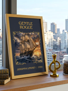 Gentle Rogue Classic Book Art Print by Johanna Lindsey – framed print on a city-view windowsill
