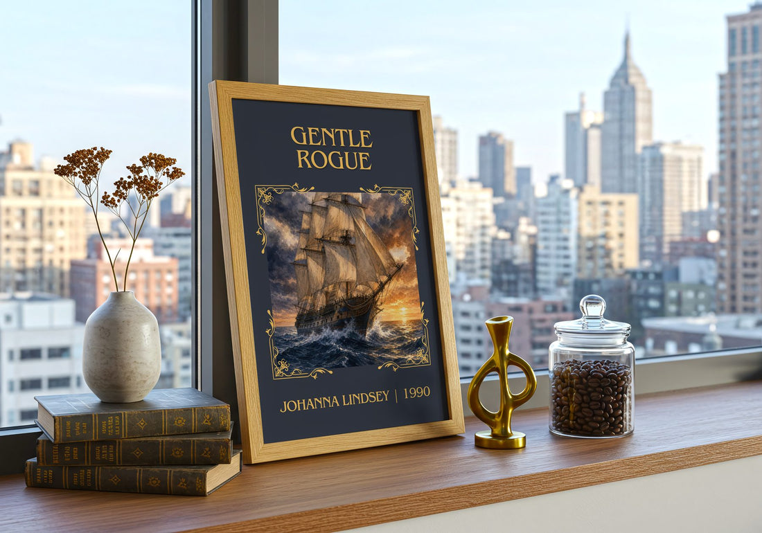 Gentle Rogue Classic Book Art Print by Johanna Lindsey – framed print on a city-view windowsill