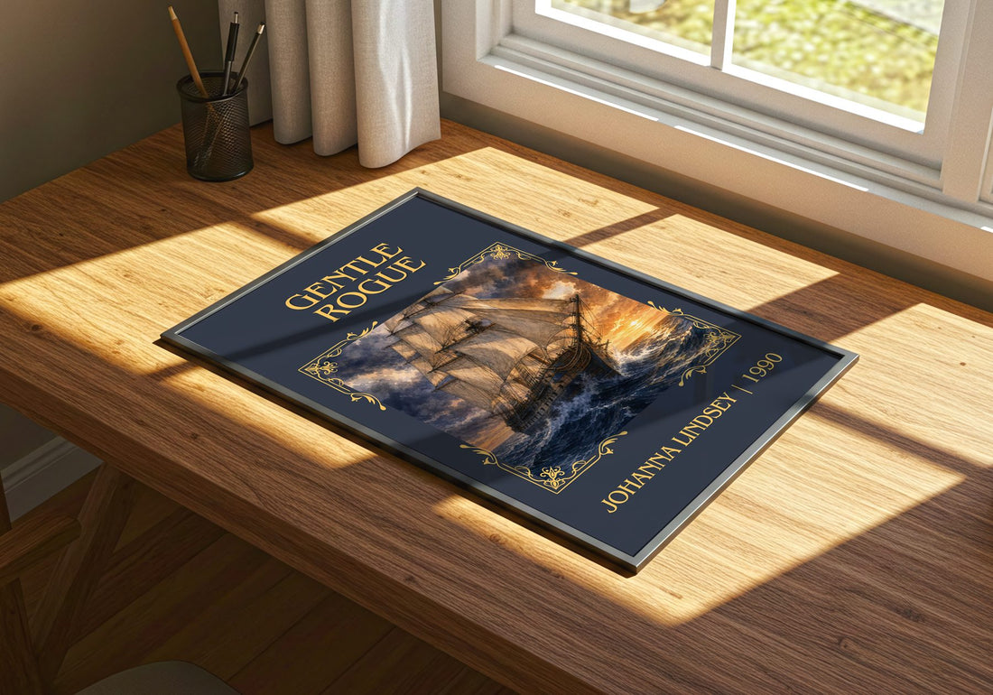 Gentle Rogue Classic Book Art Print by Johanna Lindsey – print on a sunlit desk