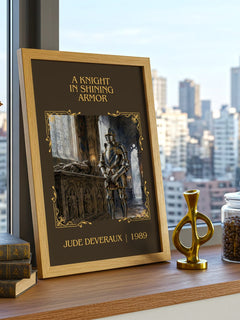 A Knight in Shining Armor Classic Book Art Print by Jude Deveraux – framed print on a city-view windowsill