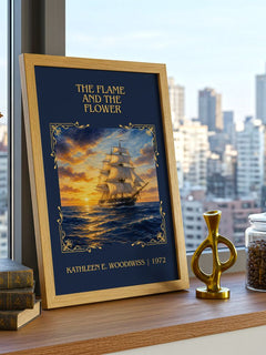 Flame and the Flower Classic Book Art Print by Kathleen E. Woodiwiss – framed print on a city-view windowsill