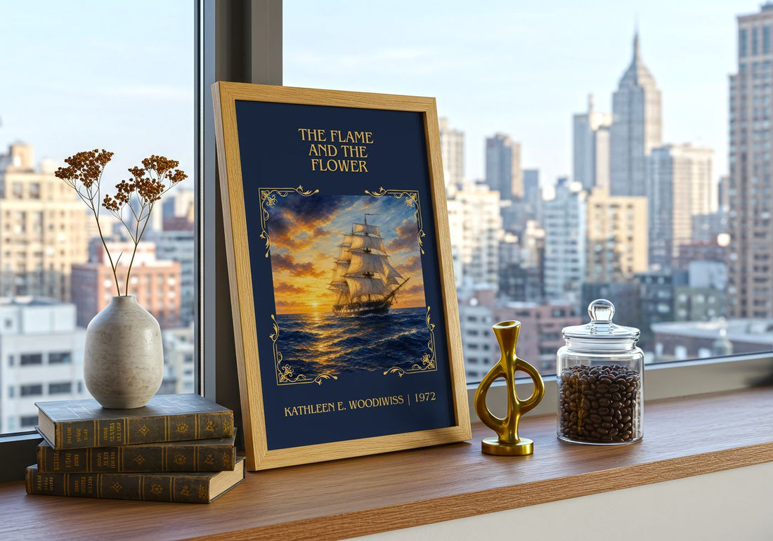 Flame and the Flower Classic Book Art Print by Kathleen E. Woodiwiss – framed print on a city-view windowsill