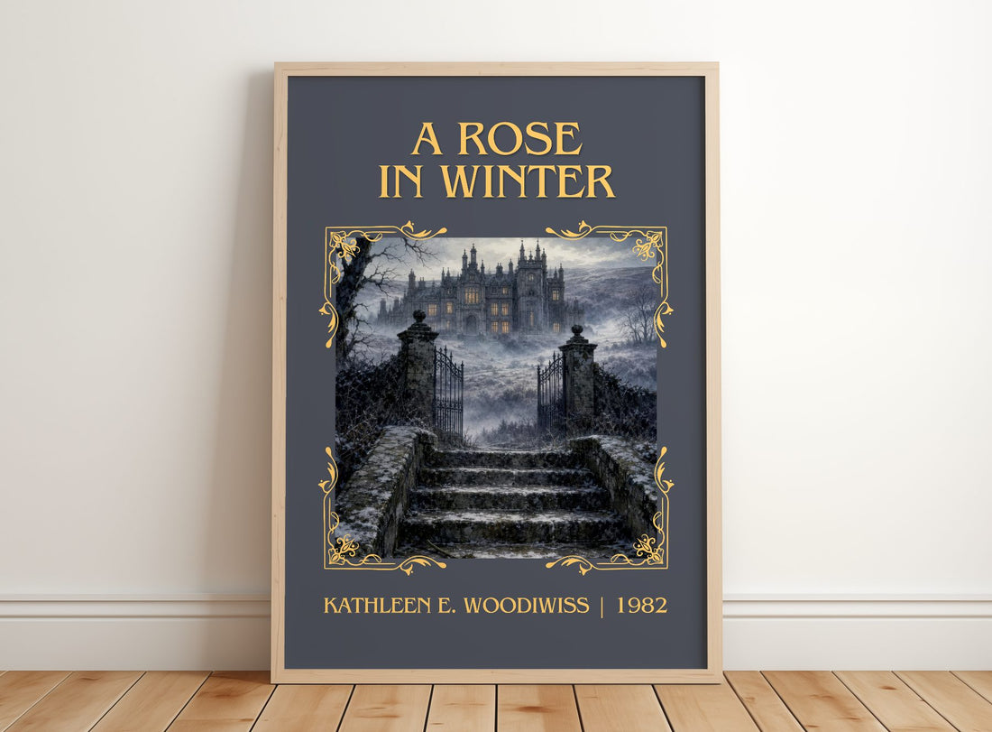 A Rose in Winter Classic Book Art Print by Kathleen E. Woodiwiss – framed print leaning on a wooden floor