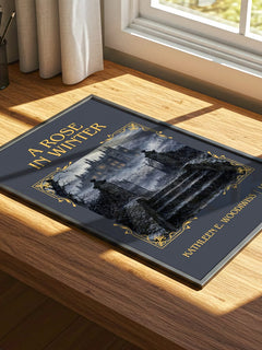 A Rose in Winter Classic Book Art Print by Kathleen E. Woodiwiss – print on a sunlit desk