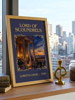 Lord of Scoundrels Classic Book Art Print by Loretta Chase – framed print on a city-view windowsill