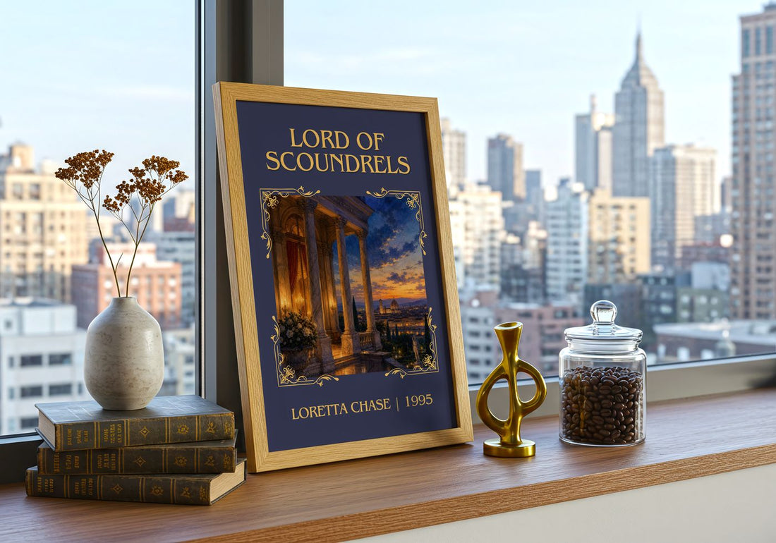Lord of Scoundrels Classic Book Art Print by Loretta Chase – framed print on a city-view windowsill