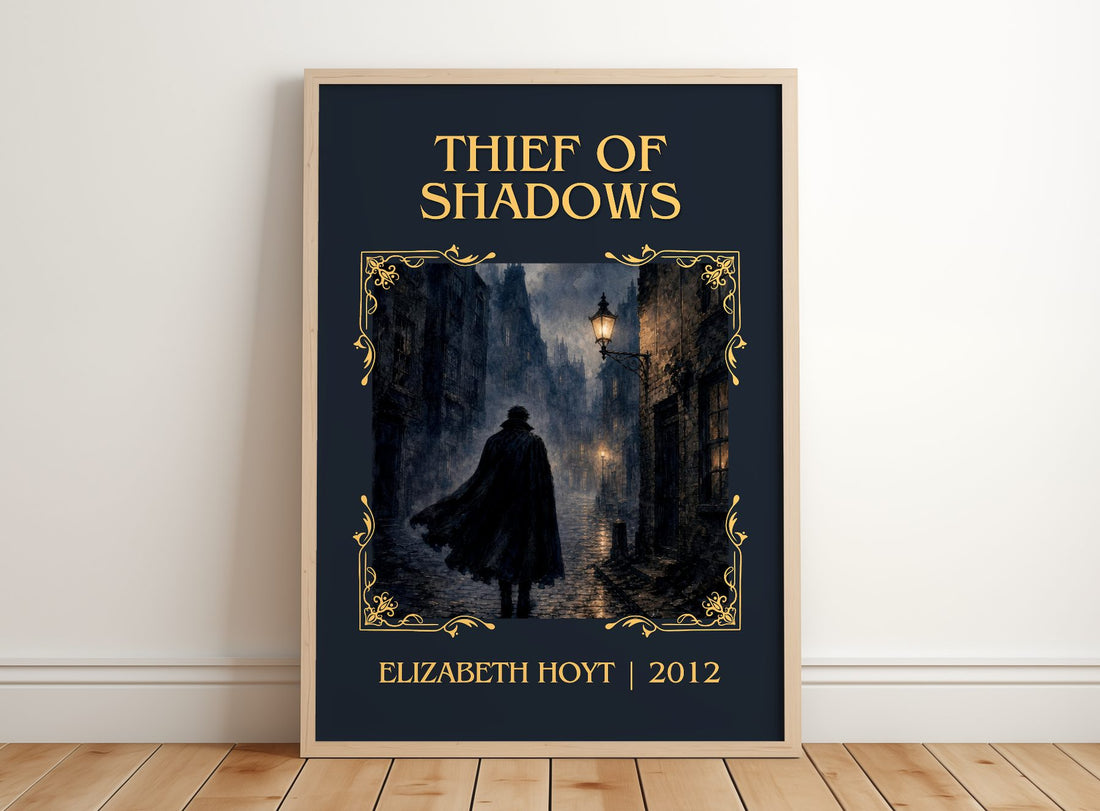 Thief of Shadows Classic Book Art Print by Elizabeth Hoyt – framed print leaning on a wooden floor