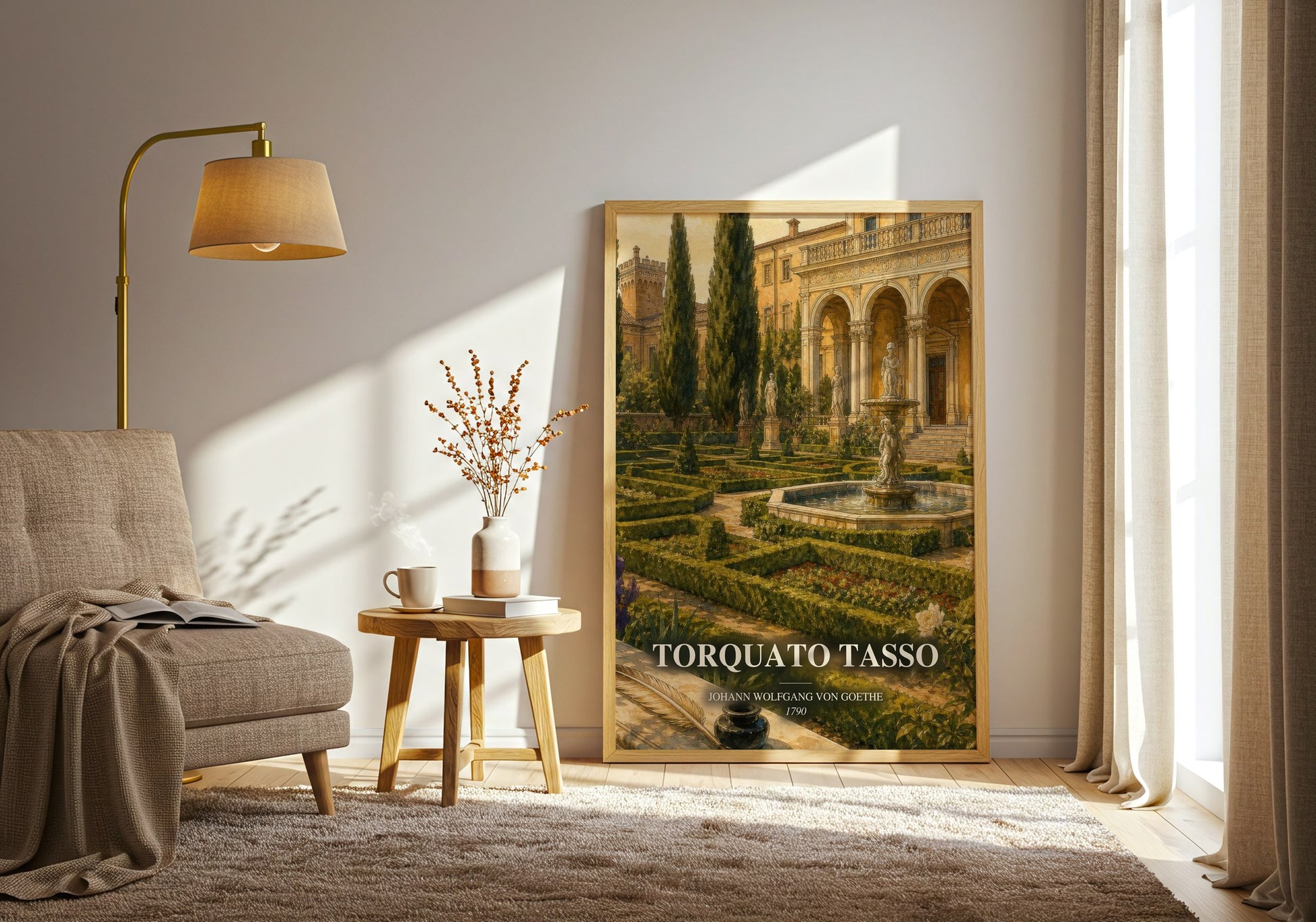 Torquato Tasso watercolour print in frame leaning in hallway – classic literature wall art