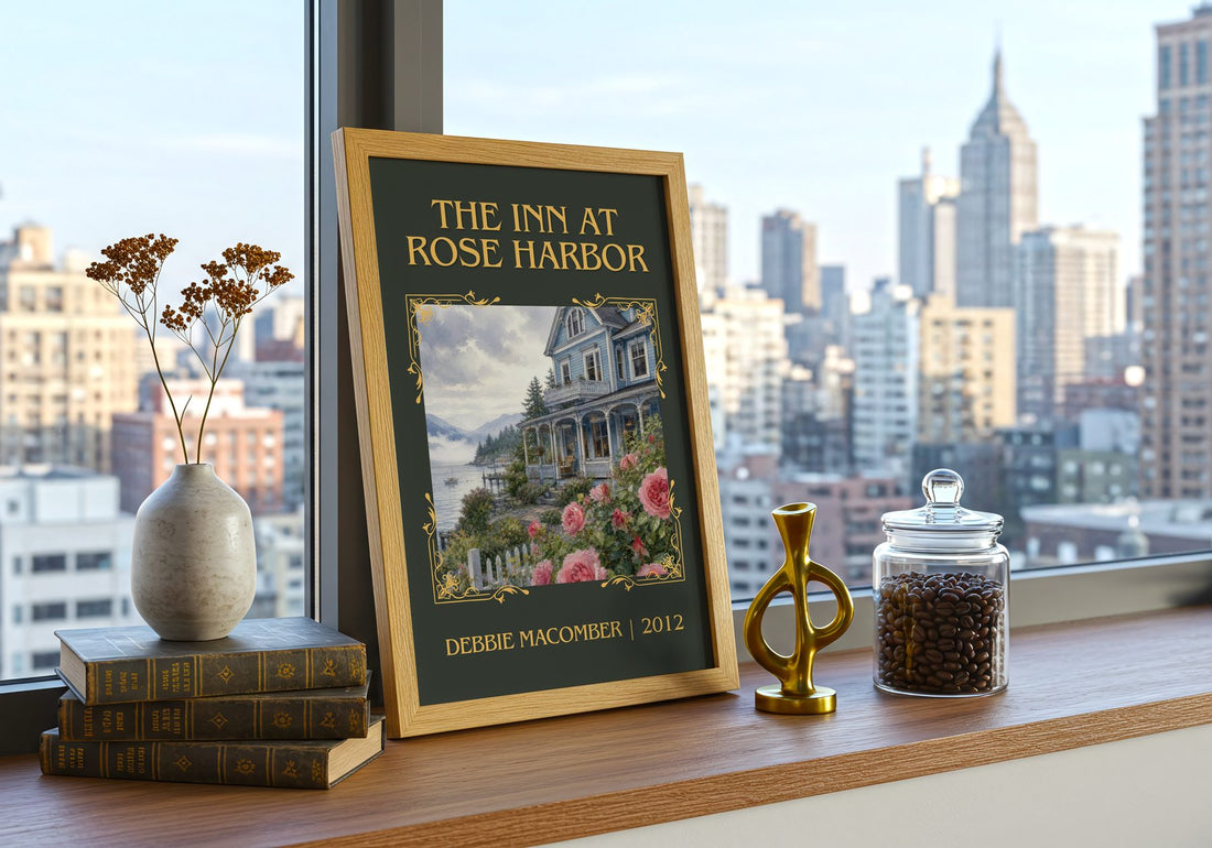 The Inn at Rose Harbor Classic Book Art Print by Debbie Macomber – framed print on a city-view windowsill
