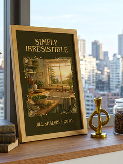 Simply Irresistible Classic Book Art Print by Jill Shalvis – framed print on a city-view windowsill