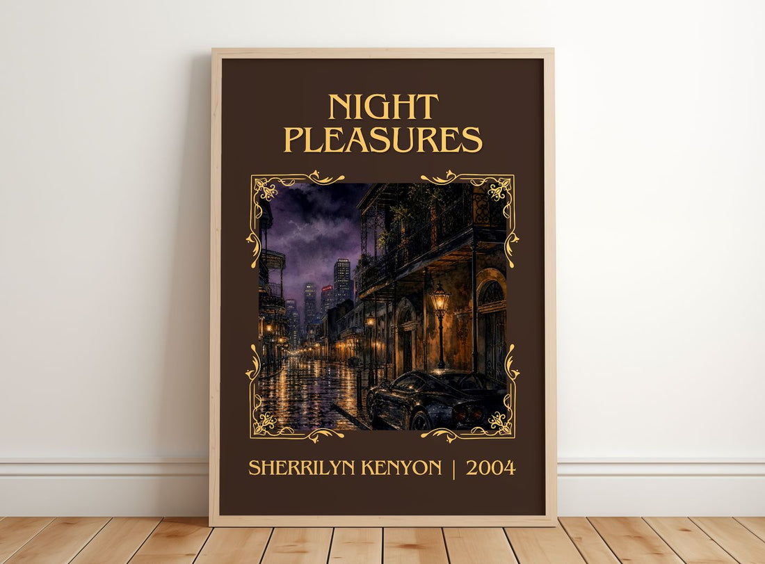Night Pleasures Classic Book Art Print by Sherrilyn Kenyon – framed print leaning on a wooden floor