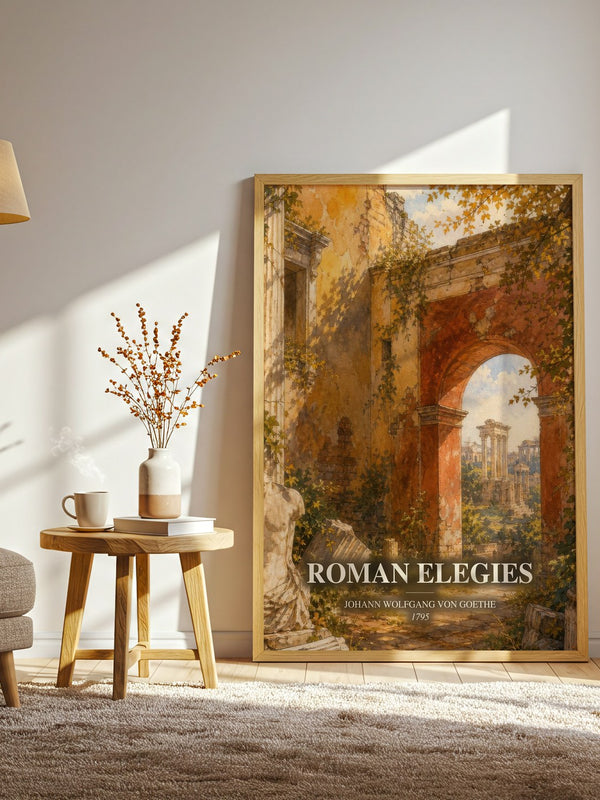 Roman Elegies watercolour print in frame leaning in hallway – poetry wall art