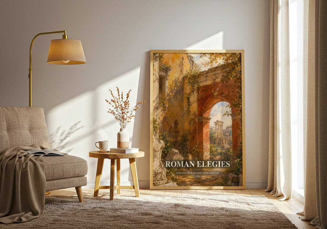 Roman Elegies watercolour print in frame leaning in hallway – poetry wall art (mockup)