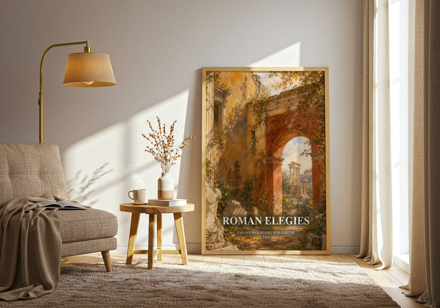 Roman Elegies watercolour print in frame leaning in hallway – poetry wall art