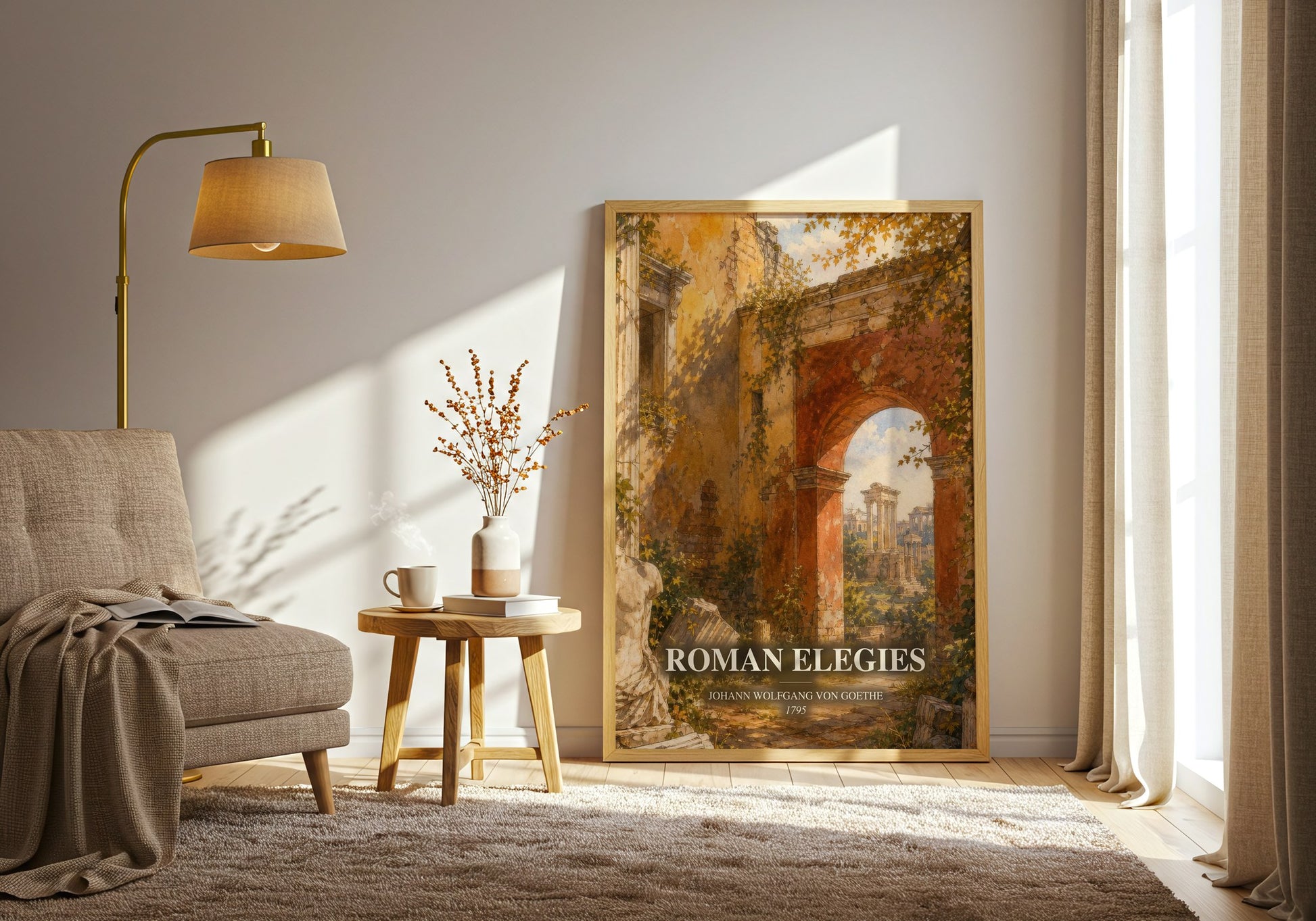 Roman Elegies watercolour print in frame leaning in hallway – poetry wall art