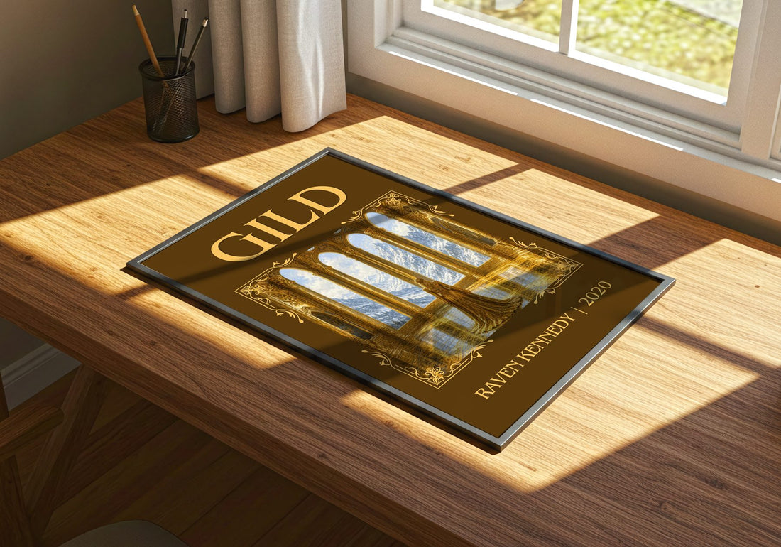 Gild Classic Book Art Print by Raven Kennedy – print on a sunlit desk