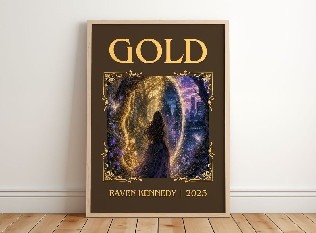 Gold Classic Book Art Print by Raven Kennedy – framed print leaning on a wooden floor