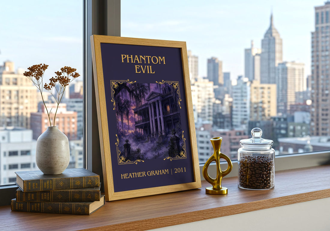 Phantom Evil Classic Book Art Print by Heather Graham – framed print on a city-view windowsill