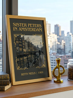 Sister Peters in Amsterdam Classic Book Art Print by Betty Neels – framed print on a city-view windowsill