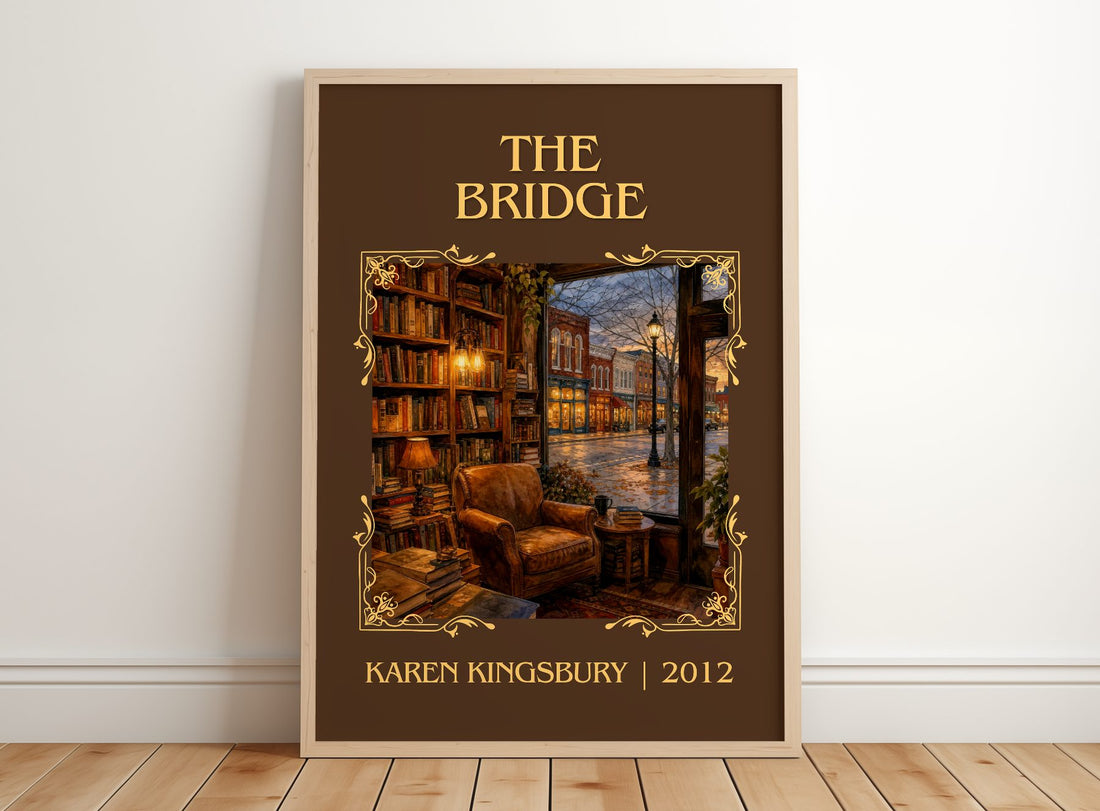 The Bridge Classic Book Art Print by Karen Kingsbury – framed print leaning on a wooden floor
