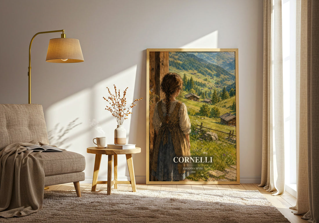 Cornelli watercolour print in frame leaning in hallway – childrens wall art (mockup)