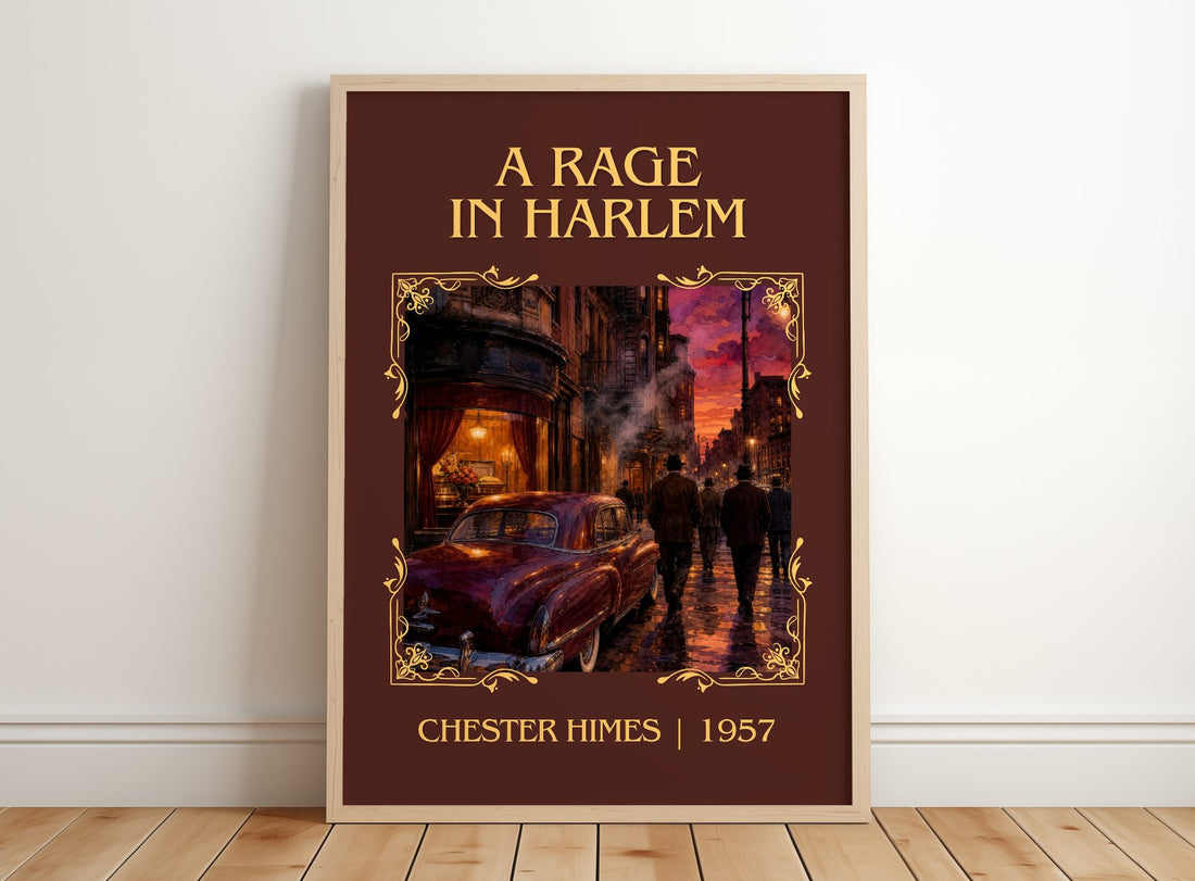 A Rage in Harlem Classic Book Art Print by Chester Himes – framed print leaning on a wooden floor