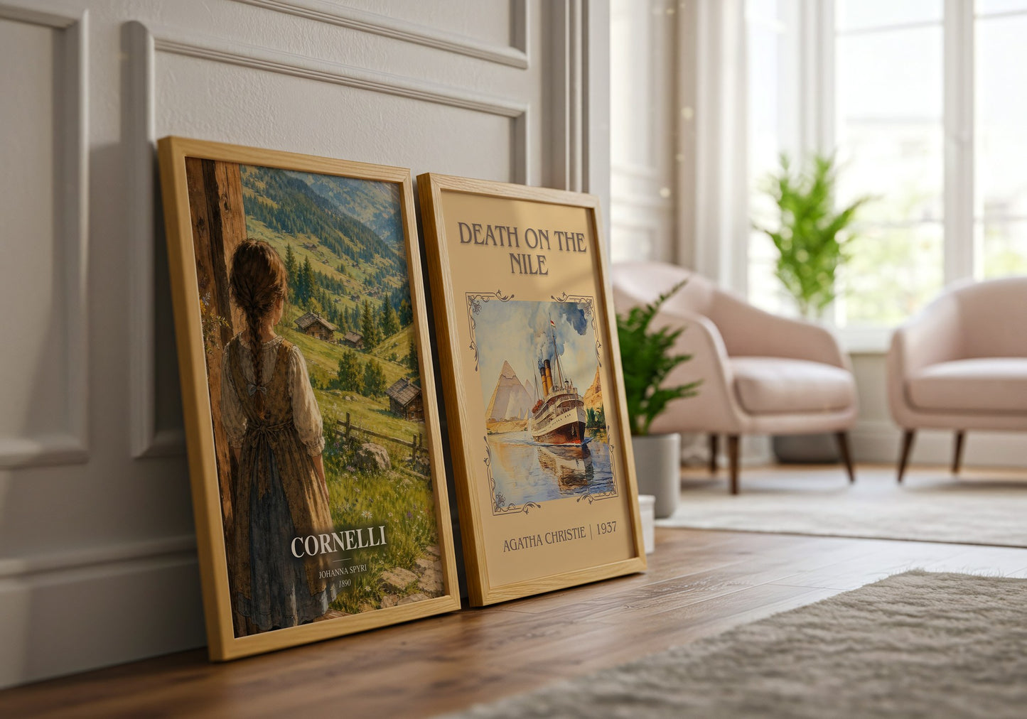 Cornelli watercolour print framed by window – literary home decor