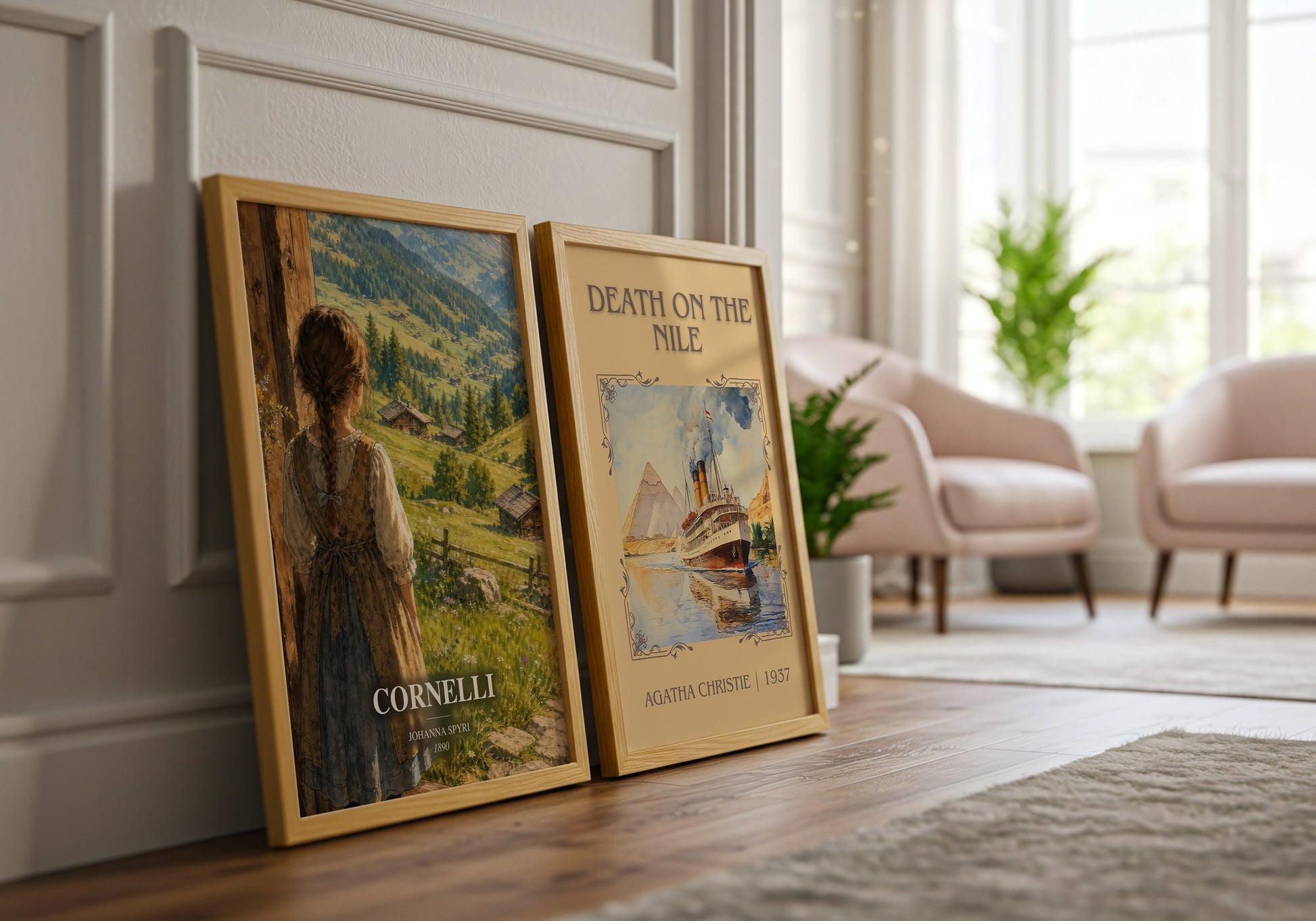 Cornelli watercolour print framed by window – literary home decor