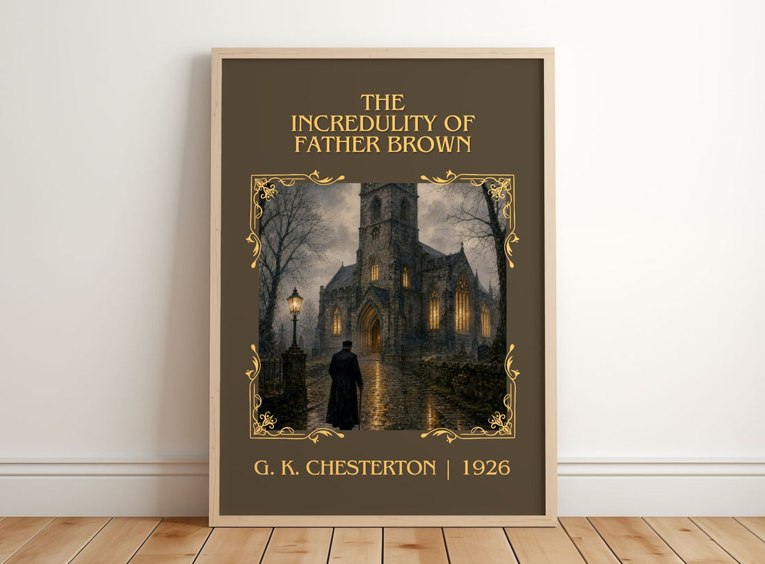 Incredulity of Father Brown Classic Book Art Print by G. K. Chesterton – framed print leaning on a wooden floor