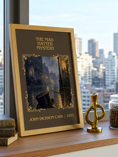 The Mad Hatter Mystery Classic Book Art Print by John Dickson Carr – framed print on a city-view windowsill