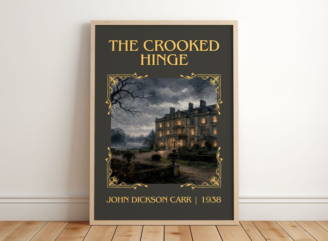 The Crooked Hinge Classic Book Art Print by John Dickson Carr – framed print leaning on a wooden floor