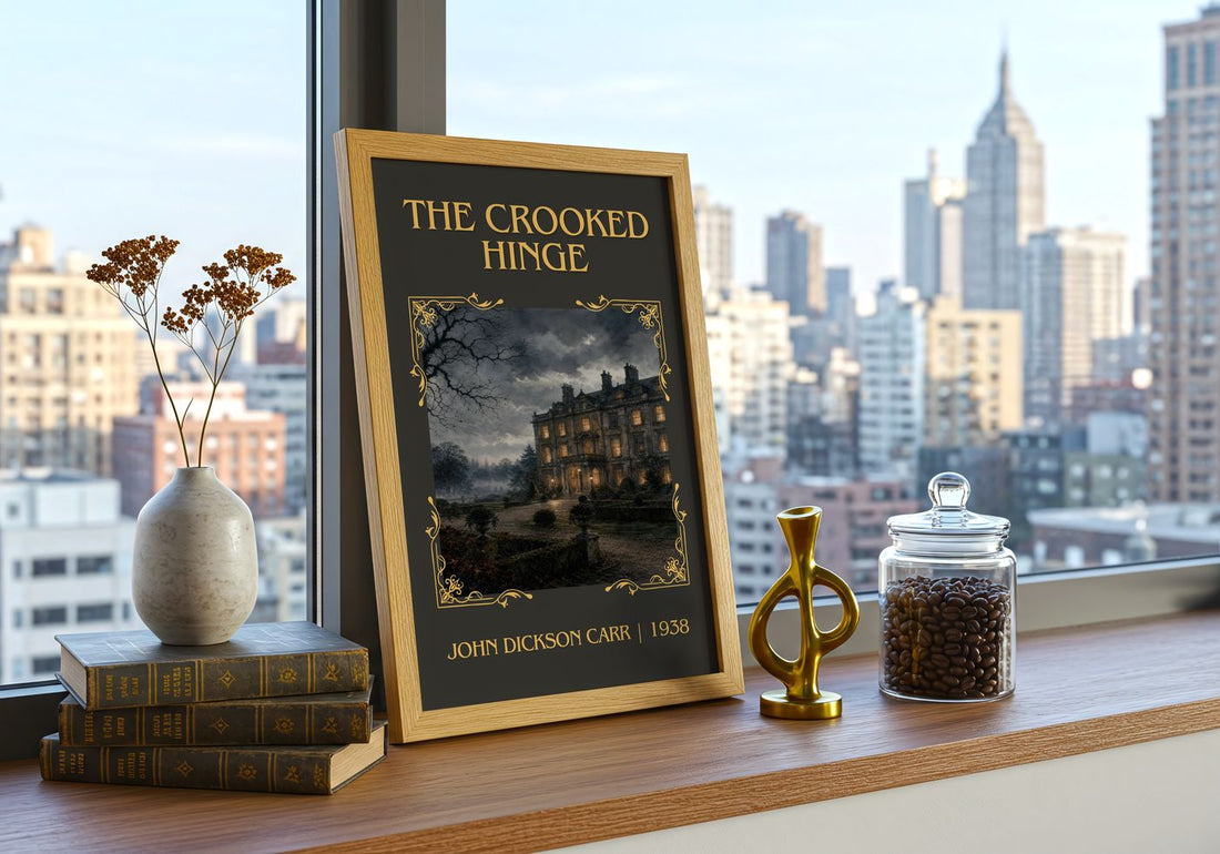 The Crooked Hinge Classic Book Art Print by John Dickson Carr – framed print on a city-view windowsill