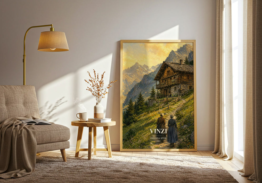 Vinzi watercolour print in frame leaning in hallway – childrens wall art (mockup)