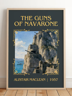 The Guns of Navarone Classic Book Art Print by Alistair MacLean – framed print leaning on a wooden floor